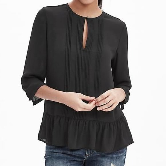 Banana Republic | Pintuck Pleated Peplum Blouse | Black | X-Large - Picture 1 of 9
